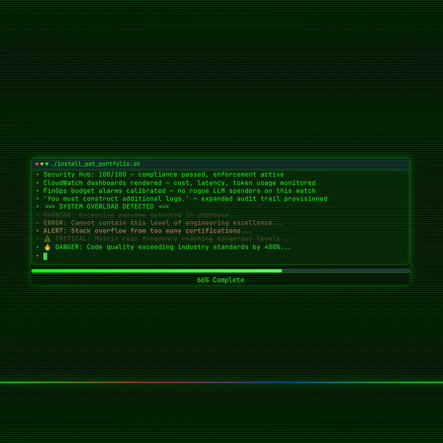 The Matrix intro running its install_pat_portfolio.sh boot sequence